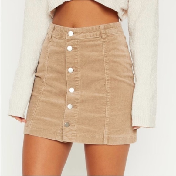 PrettyLittleThing Dresses & Skirts - NWT Pretty Little Thing A-line Corduroy Mini Skirt Stone Cord Cammie Tan 12